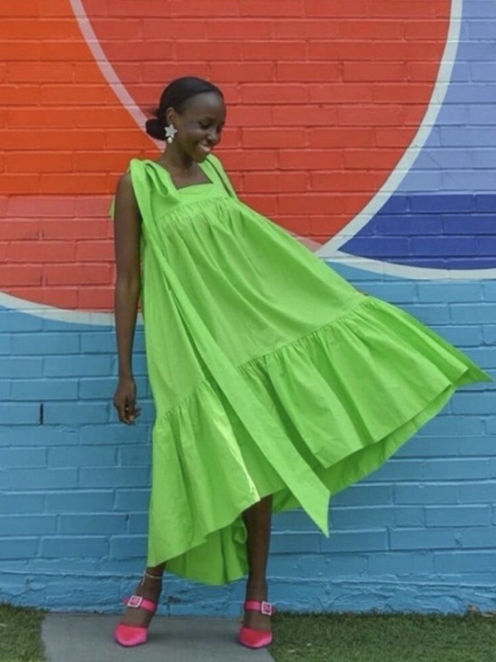 Christopher John Rogers Green Tiered Tie Shoulder High Low Babydoll Dress Small - Picture 6 of 16